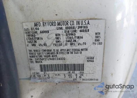 2004 Ford F-250 Xl/Xlt from USA, damaged, VIN 1FTNF21L94EC24322